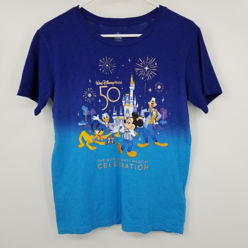 Walt Disney World 50 Year Celebration Blue Ombre Short Sleeved Kids Shirt XL